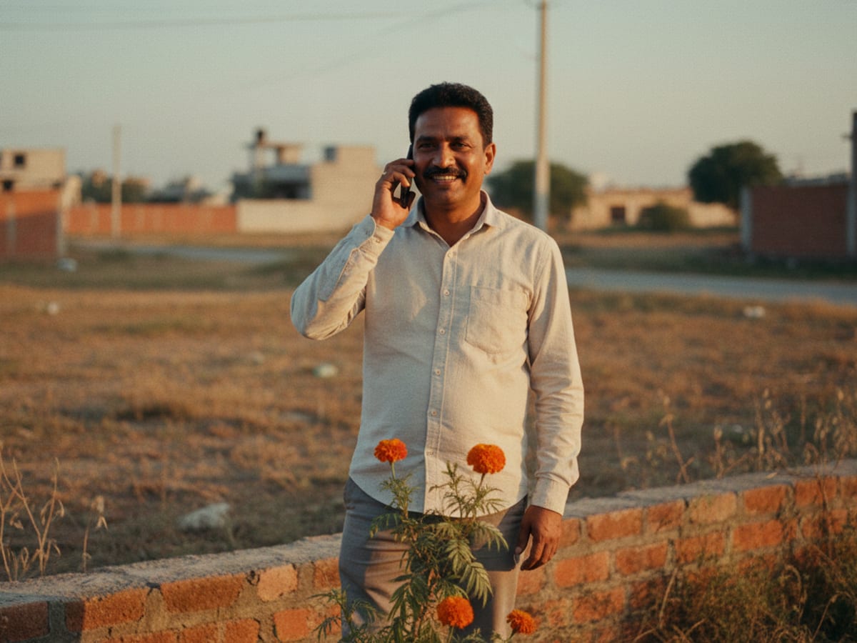 A real-estate broker on his phone at the edge of a plot at golden hour